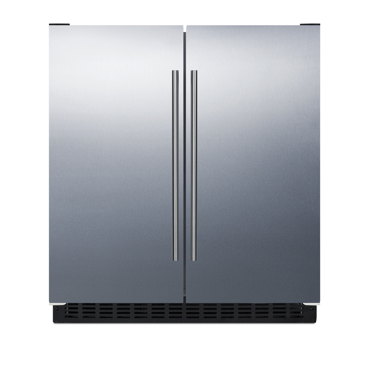Frost-free side-by-side refrigerator-freezer for built-in or freestanding use wrapped stainless steel exterior, door storage, and digital controls